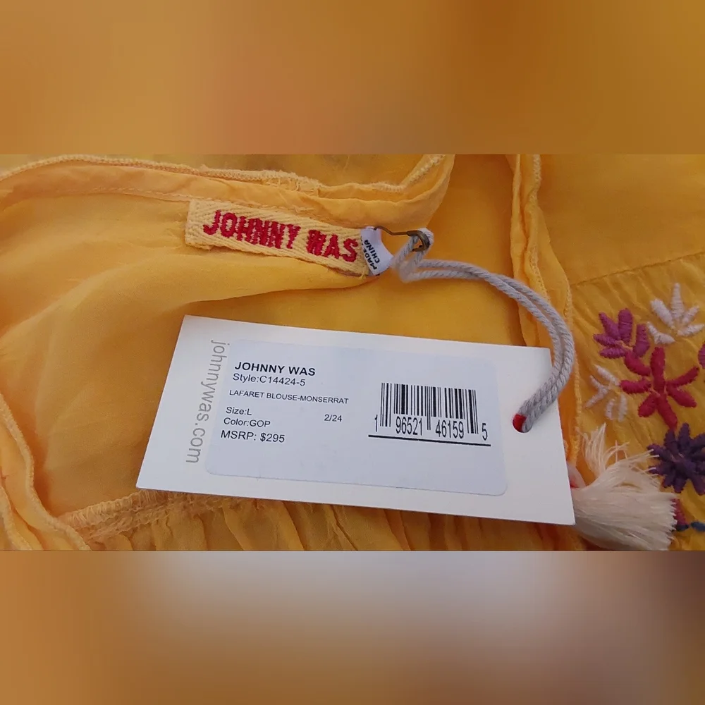 NEW JOHNNY WAS LAFARET Yellow Embroidered Blouse, Short Sleeve, size L - Picture 12 of 14